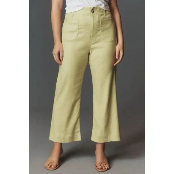 Anthropologie Maeve Colette Cropped Wide Leg Pants Womens 32 LINEN EDITION Lime